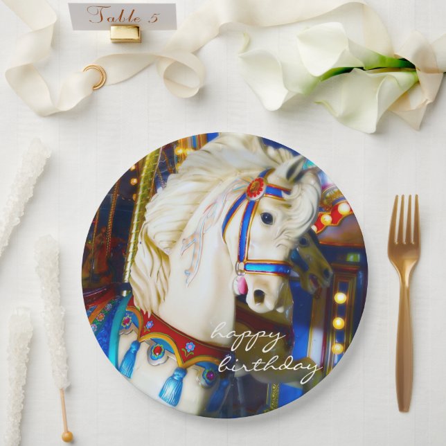 Happy Birthday Carnival Carousel Horse Photo Fun Paper Plates (Wedding)