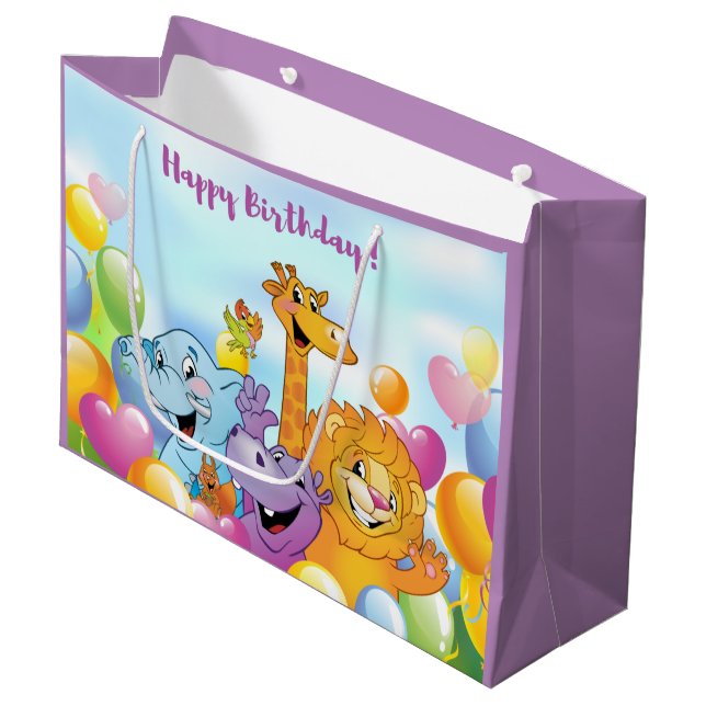 Happy Birthday Cartoon Animals and Balloons Purple Large Gift Bag (Front Angled)