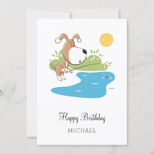Happy Birthday Cartoon Cute Dog Puppy Fishing Card