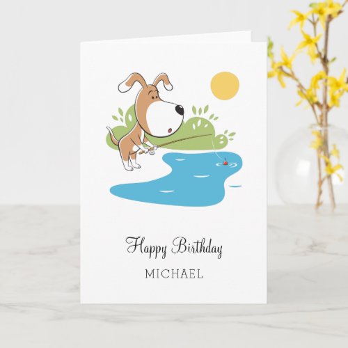 Happy Birthday Cartoon Cute Dog Puppy Fishing Card