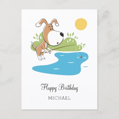 Happy Birthday Cartoon Cute Dog Puppy Fishing Postcard