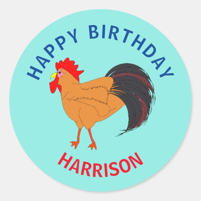 Happy Birthday Cartoon Rooster Classic Round Sticker (Front)