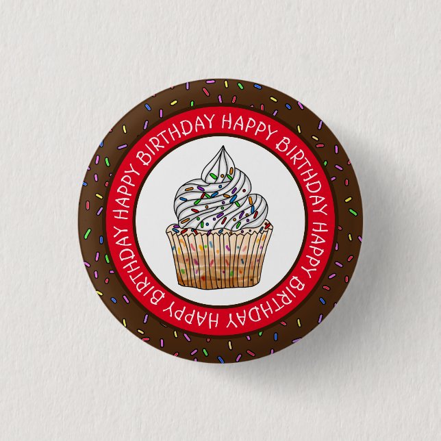Happy Birthday Cartoon Vanilla Cupcake    Button (Front)