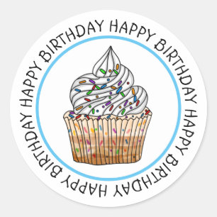Happy Birthday Cartoon Vanilla Cupcake  Classic Round Sticker