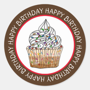 Happy Birthday Cartoon Vanilla Cupcake Classic Round Sticker