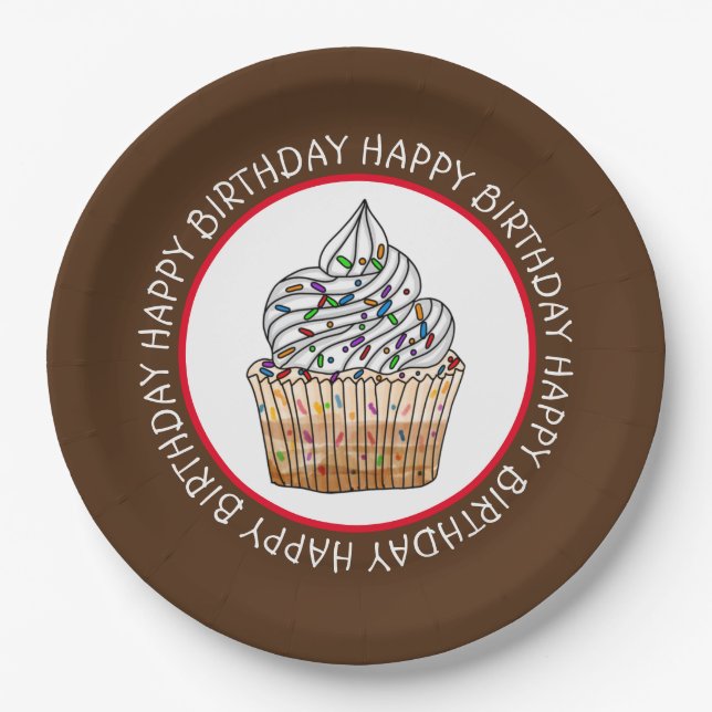 Happy Birthday Cartoon Vanilla Cupcake     Paper Plates (Front)