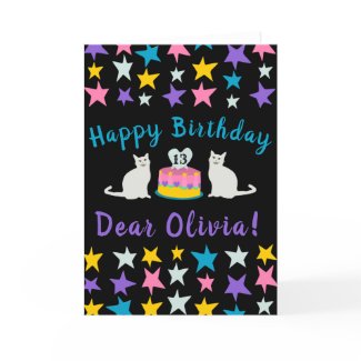 Happy Birthday cat cake stars pink green yellow Holiday Card