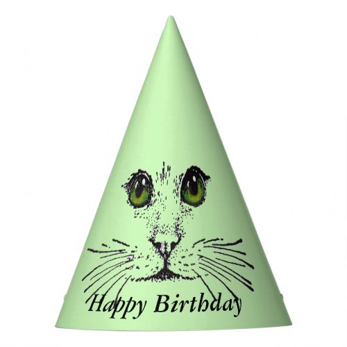 Happy Birthday Cat Face Big Green Eyes Party Hat