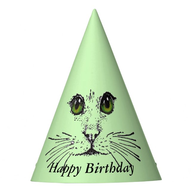Happy Birthday Cat Face Big Green Eyes Party Hat (Front)