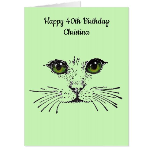 Happy Birthday Cat Face Drawing Bright Green Eyes Card