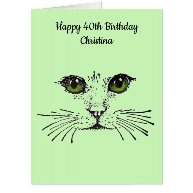 Happy Birthday Cat Face Drawing Bright Green Eyes Card (Front)