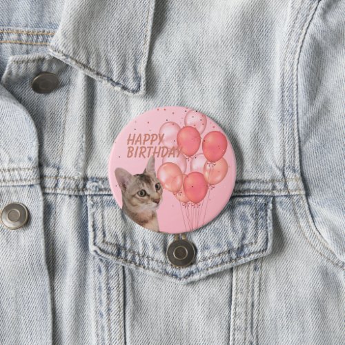 Happy Birthday Cat Holding Balloon Bouquet Button
