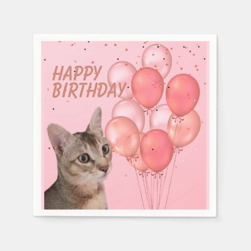 Happy Birthday Cat Holding Balloon Bouquet Napkins