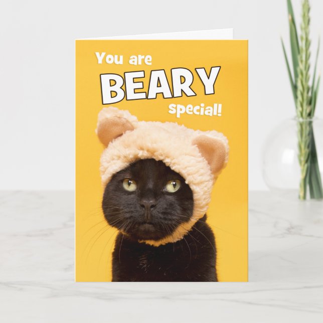 Happy Birthday Cat in Bear Hat Humor Holiday Card (Front)