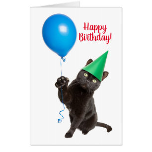 Happy Birthday Cat in Hat With Balloon Humor Card