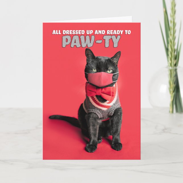 Happy Birthday Cat in Sweater and Face Mask Humor Holiday Card (Front)