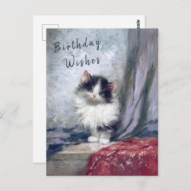  Happy Birthday Cat Oil Painting Red Gray | Postcard (Front/Back)