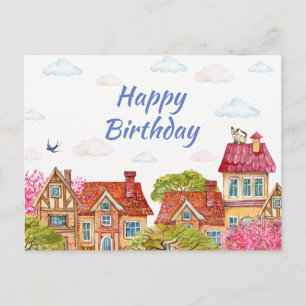 Happy Birthday Cat on the Rooftop Postcard