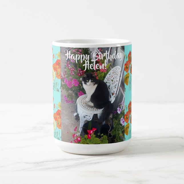 Happy Birthday Cat Orange Poppy Womans Name Mug (Center)