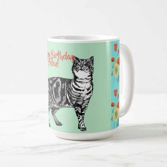 Happy Birthday Cat Orange Poppy Womans Name Mug (Front Right)
