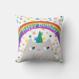 Happy Birthday Cat Pillow Cute Rainbow