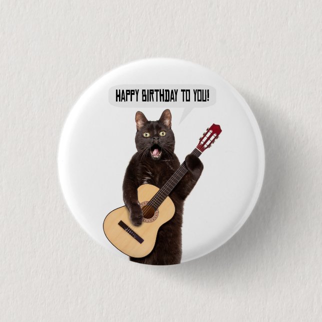Happy Birthday Cat Singing and Playing Guitar Button (Front)