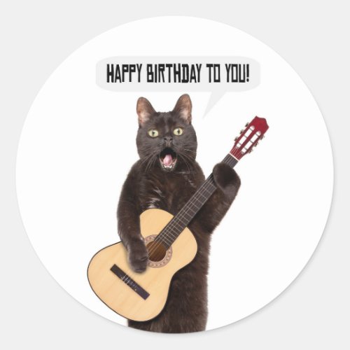 Happy Birthday Cat Singing and Playing Guitar Holi Classic Round Sticker