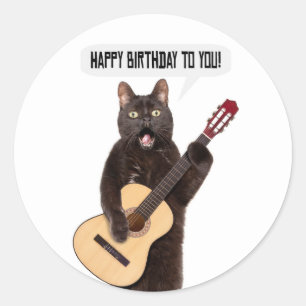 Happy Birthday Cat Singing and Playing Guitar Holi Classic Round Sticker
