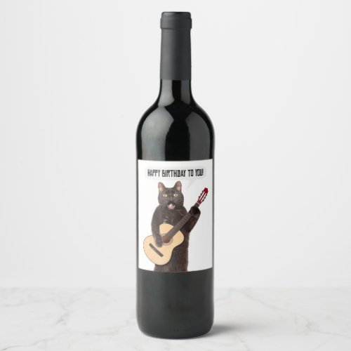 Happy Birthday Cat Singing and Playing Guitar Holi Wine Label