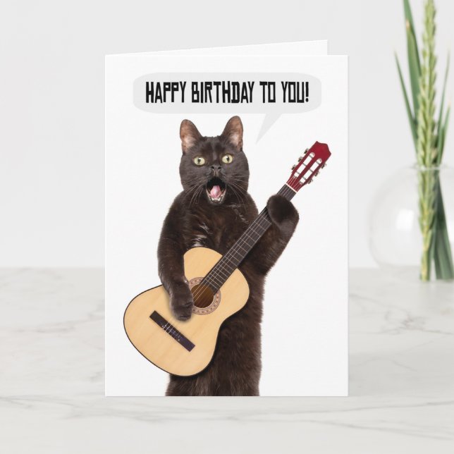 Happy Birthday Cat Singing and Playing Guitar Holiday Card (Front)