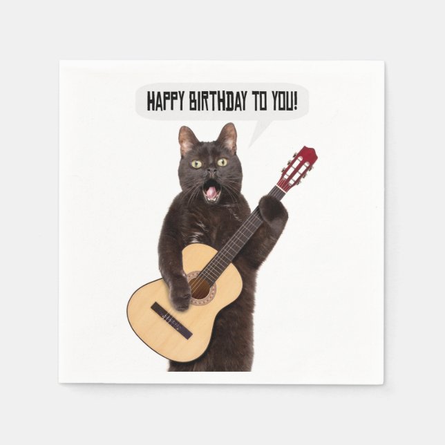Happy Birthday Cat Singing and Playing Guitar  Napkins (Front)