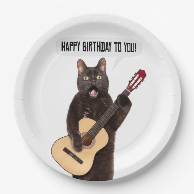 Happy Birthday Cat Singing and Playing Guitar  Paper Plates (Front)
