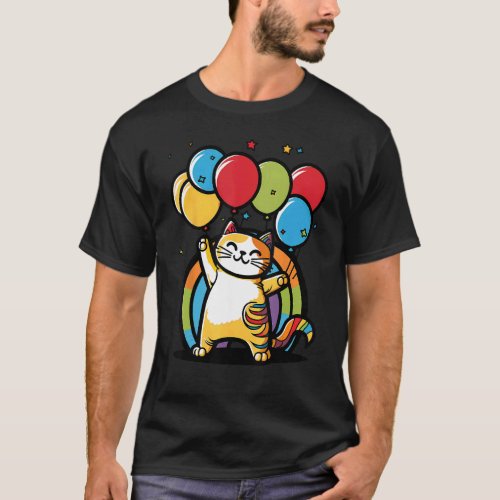 Happy Birthday Cat with Balloons Fun Colorful Cats T-Shirt