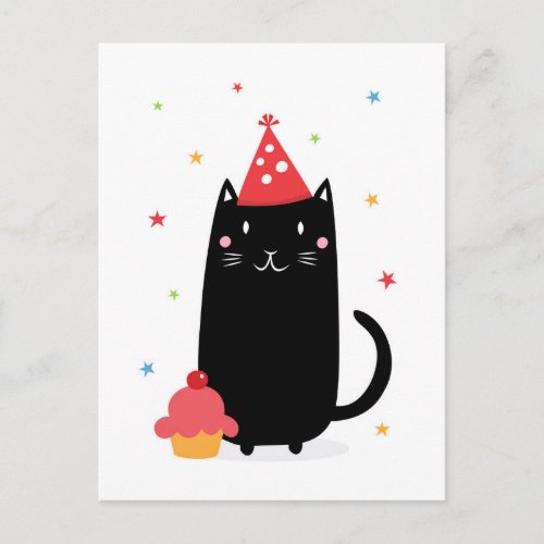 Happy birthday cat with cupcake and party hat invitation postcard