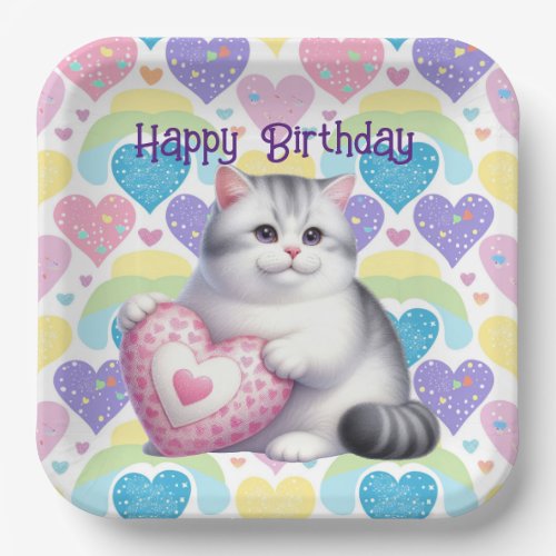 Happy Birthday Cat With Pastel Hearts  Paper Plates