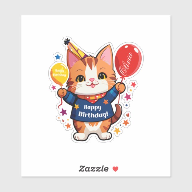 Happy Birthday Cat With Red Balloon  Sticker (Sheet)