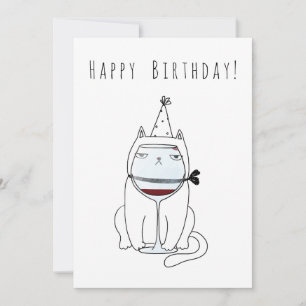 Happy Birthday Cat with Wine Glass. Funny and cute Holiday Card