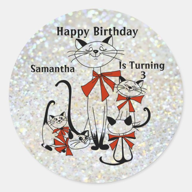 Happy Birthday Cats Family Round Sticker (Front)