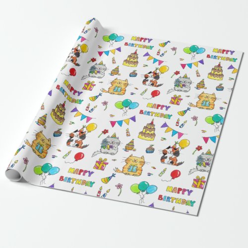 Happy Birthday Cats wrapping paper by Nicole Janes