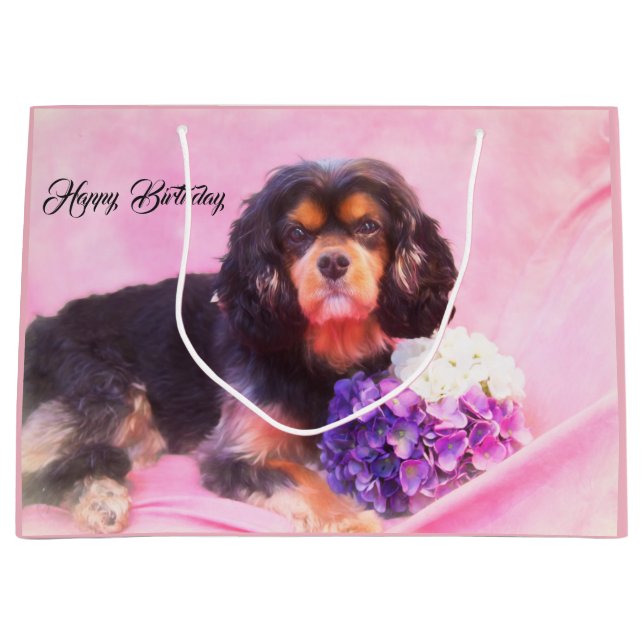 Happy Birthday Cavalier King Charles Spaniel Large Gift Bag (Front)