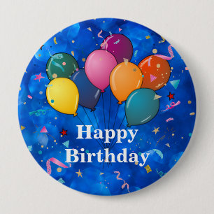 "Happy Birthday," Celebration Balloons, Confetti, Button