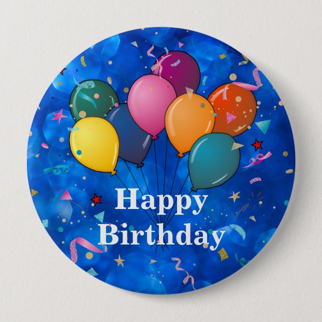 "Happy Birthday," Celebration Balloons, Confetti, Button (Front)