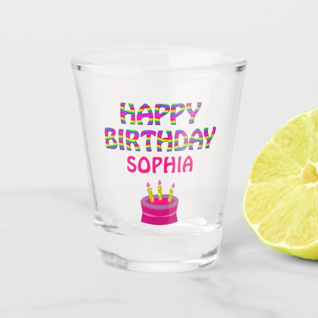 Happy Birthday Celebration Colorful Pink Cake Shot Glass (Front)