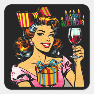 Happy Birthday Cheers Retro Woman Square Sticker
