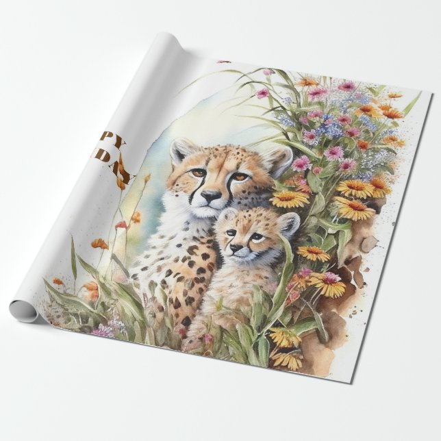 Happy Birthday Cheetah Baby and Mom  Wrapping Paper (Unrolled)
