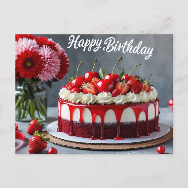 Happy Birthday Cherry Strawberry Cake Postcard (Front)