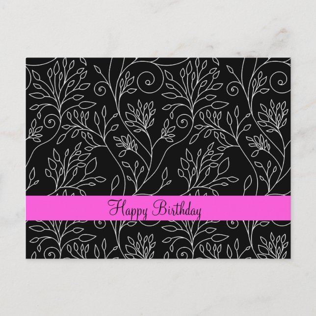 Happy Birthday Chic Black White Line Art Vines  Postcard (Front)