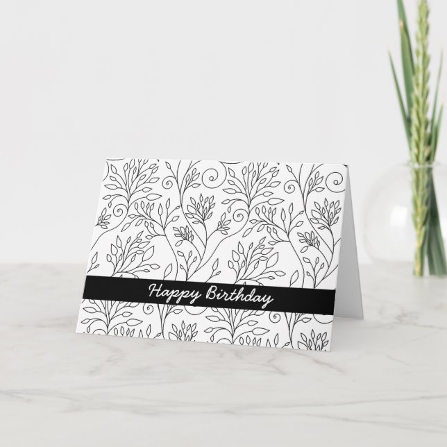 Happy Birthday Chic Black White Line Vines Floral Card (Front)