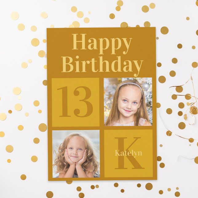 Happy Birthday Chic Gold 2 Photo Personalized Card (Creator Uploaded)