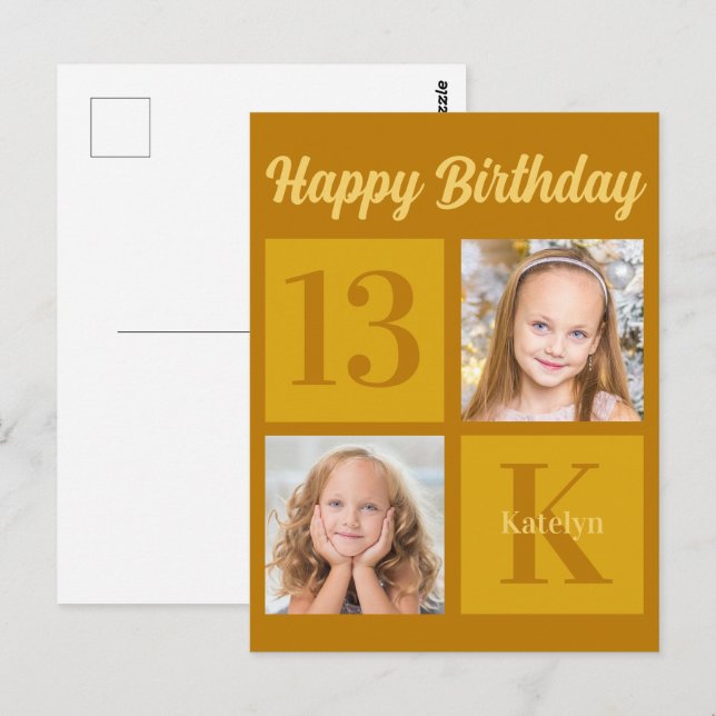 Happy Birthday Chic Gold 2 Photo Personalized Postcard (Front/Back)